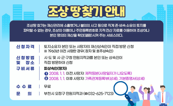 조상 땅 찾기 안내 조상땅 찾기는 재산관리에 소홀했거나 불의의 사고 등으로 직계 존·비속 소유의 토지를 파악할 수 없는 경우, 조상의 이름이나 주민등록번호로 지적 전산 자료를 이용하여 조상이나 본인 명의의 재산을 확인(열람)시켜 주는 서비스이다. 신청자격: 토지소유자 본인 또는 사망자의 재산상속인이 직접 방문 신청 ※ 1960년 이전 사망한 경우( 장자 및 호주상속인) 신청방법 및 장소: 시·도 및 시·군·구청 민원지적과를 본인 또는 상속인이 직접 방문하여 신청 구비서류: 피상속인(망자) 1. 2008. 1. 1. 이전 사망자: 제적등본(사망일자가 나오도록) 2. 2008. 1. 1. 이후 사망자: 가족관계등록부(상세), 기본증명서(상세) 수수료 : 무료 문의: 부천시 오정구 민원지적과 (☎032-625-7123)