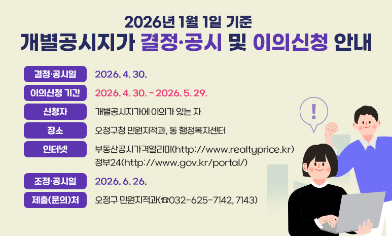 2026년 1월 1일 기준 개별공시지가 결정·공시 및 이의신청 안내 결정·공시일: 2026. 4. 30. 이의신청 기간: 2026. 4. 30. ~ 2026. 5. 29. 신청자: 개별공시지가에 이의가 있는 자 장소: 오정구청 민원지적과, 동 행정복지센터 인터넷: 부동산공시가격알리미(http://www.realtyprice.kr) 정부24(http://www.gov.kr/portal/) 조정·공시일: 2026. 6. 26. 제출(문의)처: 오정구 민원지적과(☎032-625-7142, 7143)